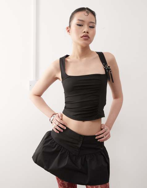 Motel alexia ruched buckle strap top in black - view 1