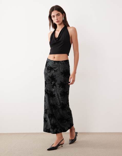 Motel Alfreda midaxi skirt in burnout velvet grey