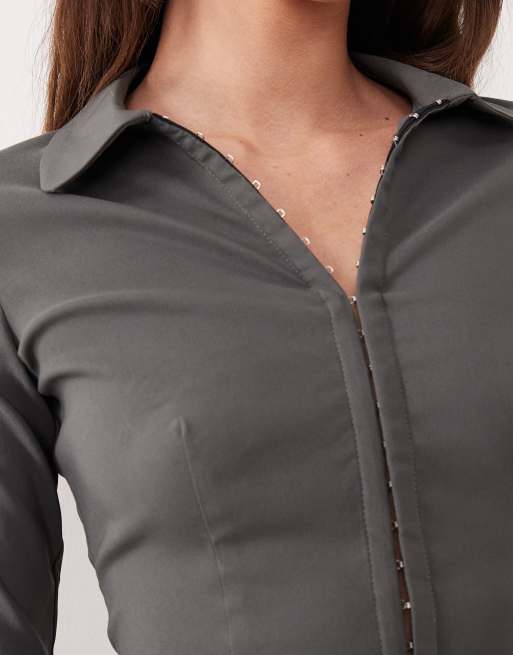 Motel Alika tailored button up shirt in slate gray - part of a set, 2 of 4
