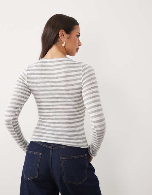 Motel alon sheer jersey stripe long sleeve top in gray, 4 of 4