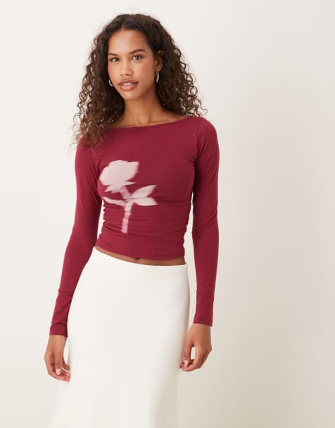 Motel Amabon long sleeve blurred rose top in burgundy - view 1