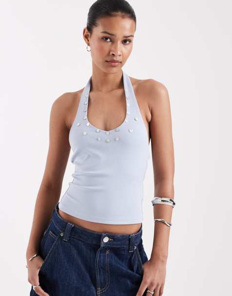 Motel Amita button ribbed knit halter top in ditsy blue - view 1