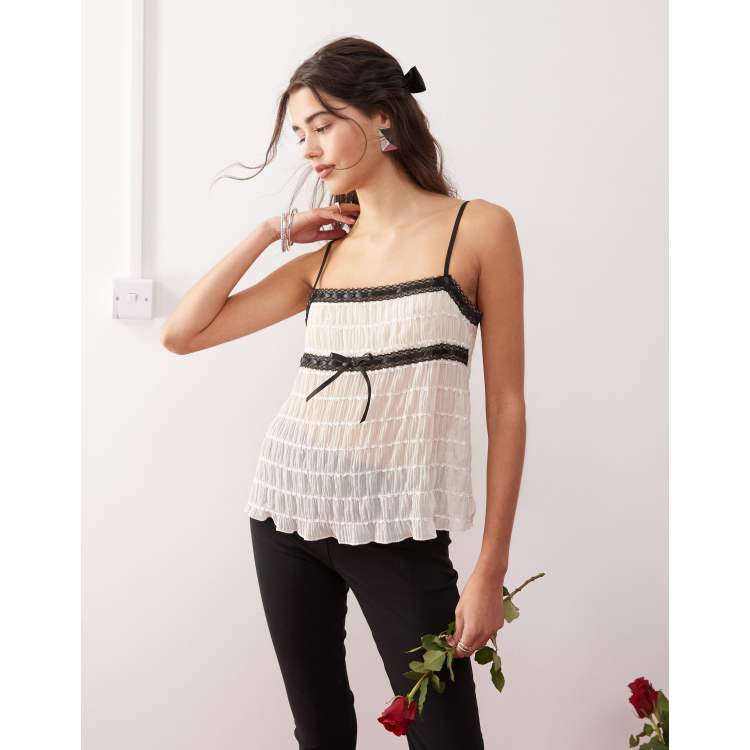 Motel ancika textured bow-detail cami top in ivory | ASOS