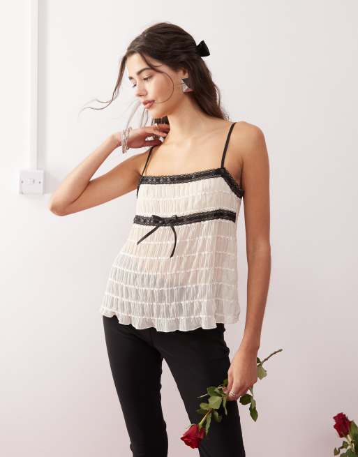 Motel ancika textured bow-detail cami top in ivory