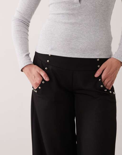 Motel andota stud detail wide leg trouser in black, 4 of 5