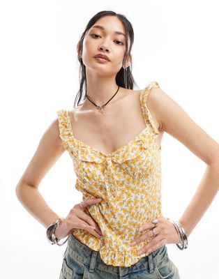 Motel Angelica Cosmos Print Ruffle Cami Top In Yellow