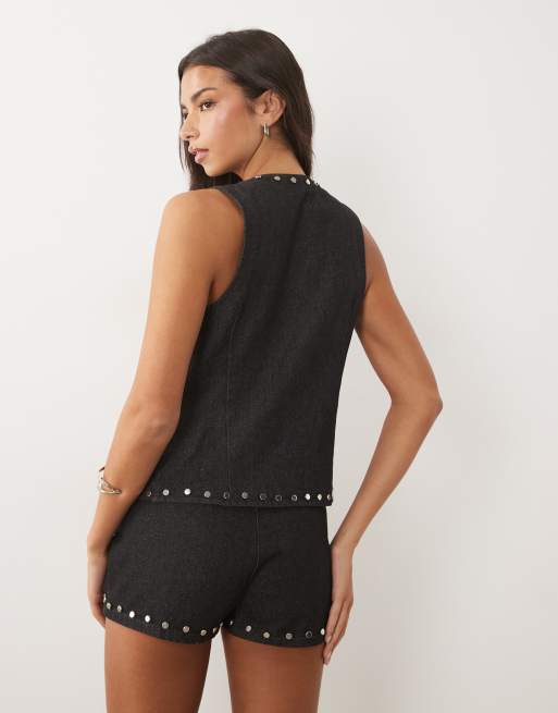 Motel - Aniva - Gilet di jeans indaco con borchie in coordinato, 4 di 4