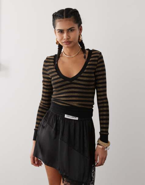 Motel Annora long sleeve knit top in gold stripe