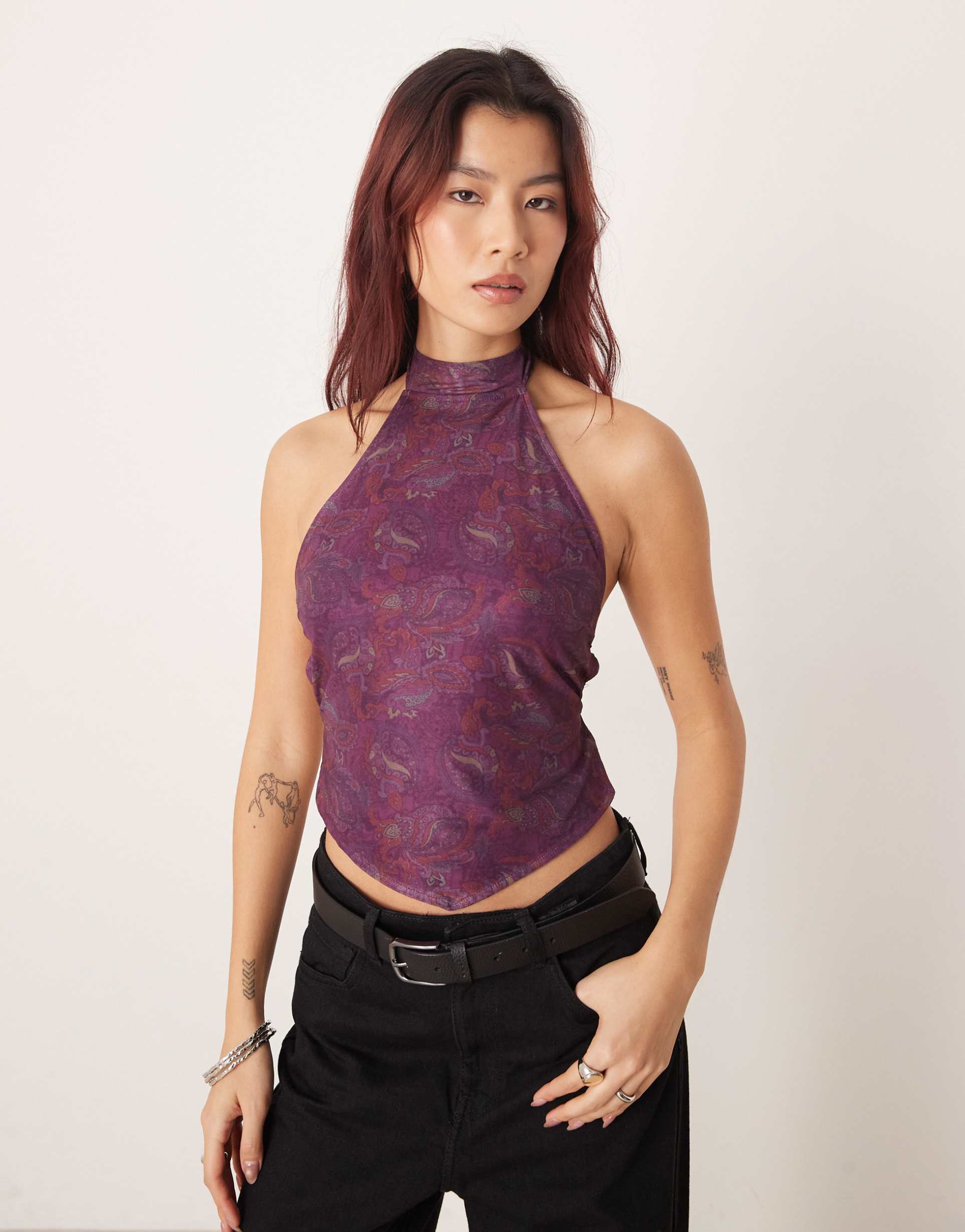 motel ares high neck regal paisley top in purple