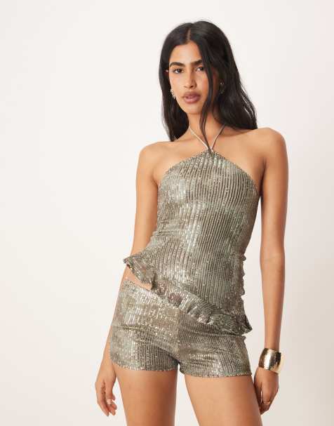 Motel Argeila sequin halter top in silver - view 1