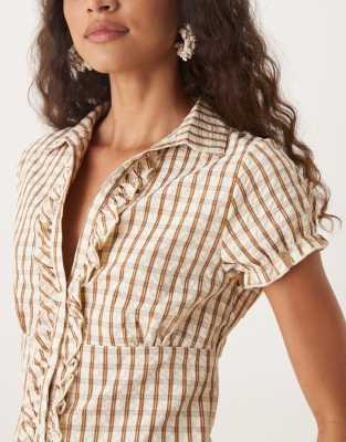 Motel Arla Plaid Print V-neck Blouse In Gold