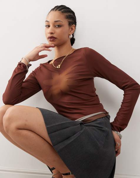 Motel armali tonal flower print long sleeve top in brown - view 1