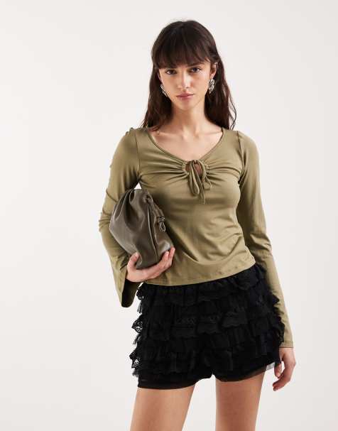 Motel Armel long sleeve keyhole top in khaki green - view 1