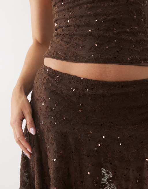 Motel Ashley gonna midi co-ord con paillettes e orlo a fazzoletto marrone, 5 di 5