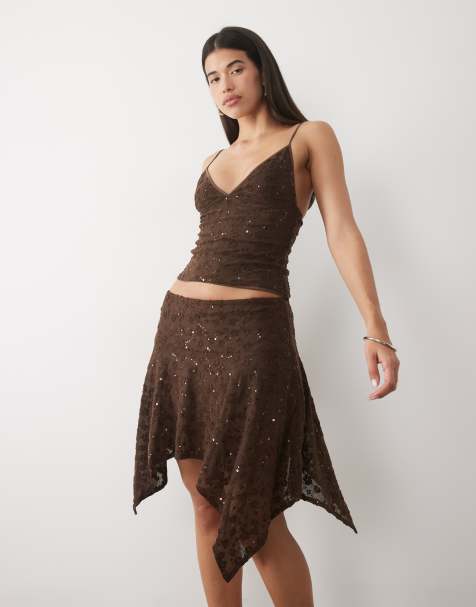 Motel ashley hanky hem sequin midi skirt co-ord in brown - view 1