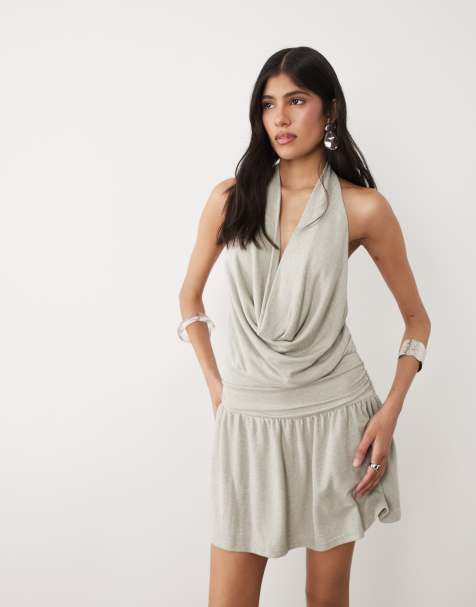 Motel Astara cowl neck ruched mini dress in light gray shimmer - view 1