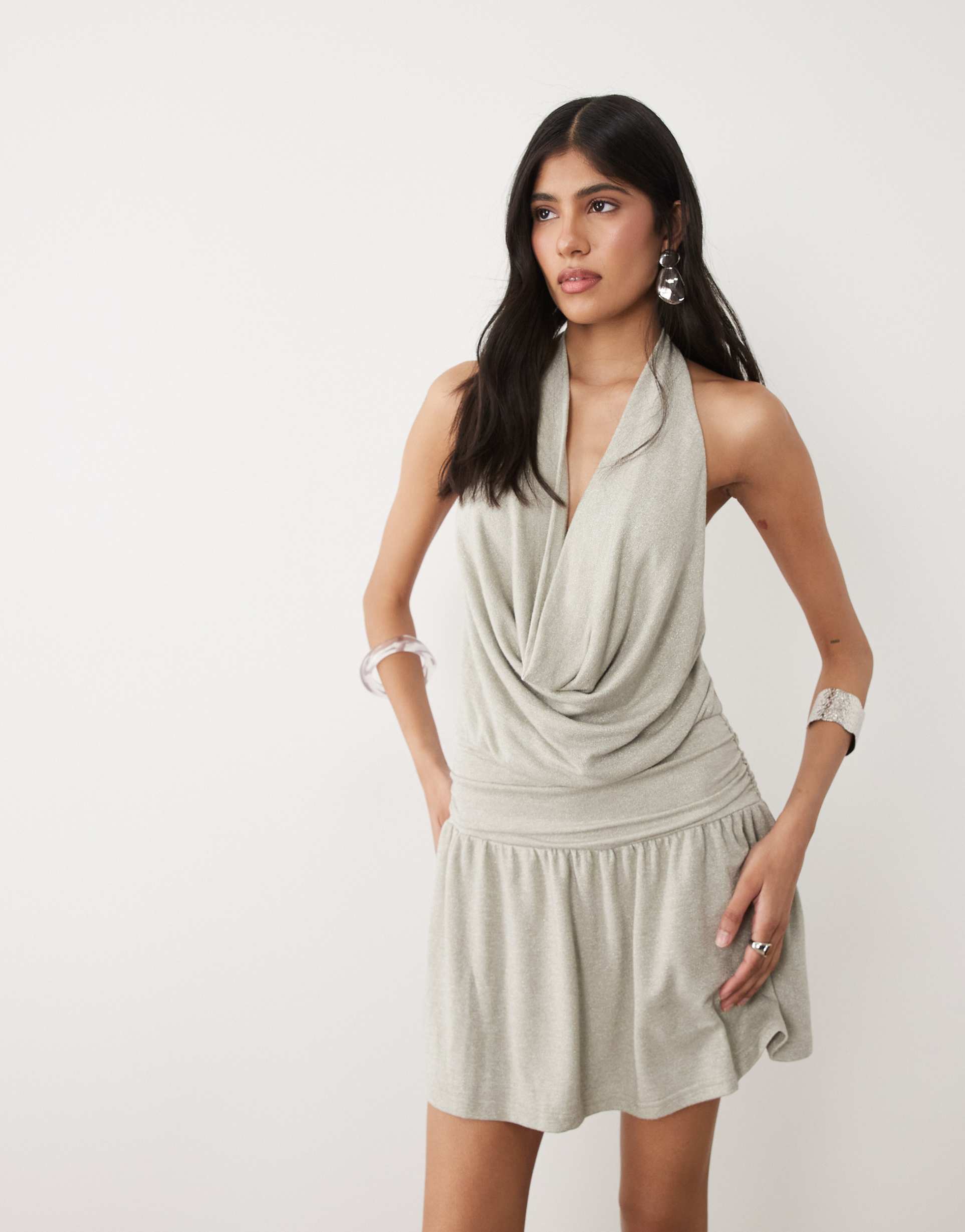 motel astara cowl neck ruched mini dress in light gray shimmer