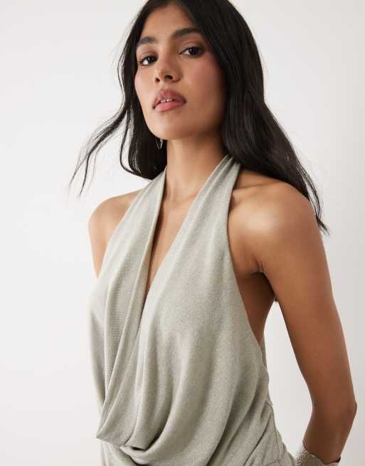 Motel - Astara - Vestito corto arricciato con scollo ad anello grigio chiaro lucido, 3 di 4