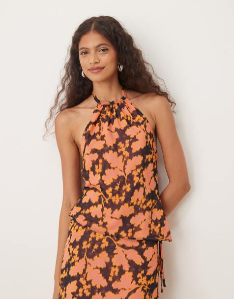 Motel astina floral print chiffon top in orange - view 1