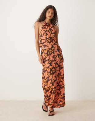 Motel Astina Floral Print Chiffon Top In Orange