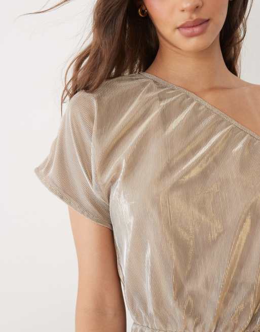 Motel - Astria - Guldfarvet oneshoulder-top med bindebælte, 3 af 4