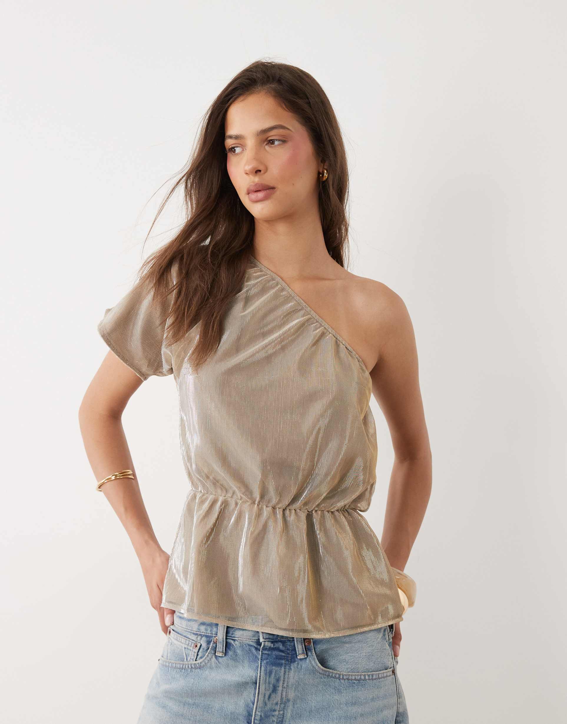 motel astria one shoulder tie belt top in gold