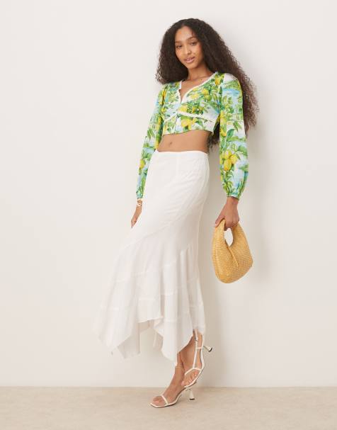 Motel rombe asymmetric linen boho skirt in ivory