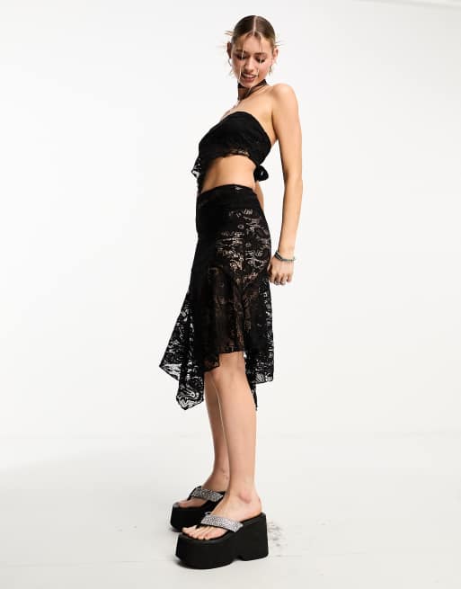 Motel asymmetric lace midi skirt co ord in black