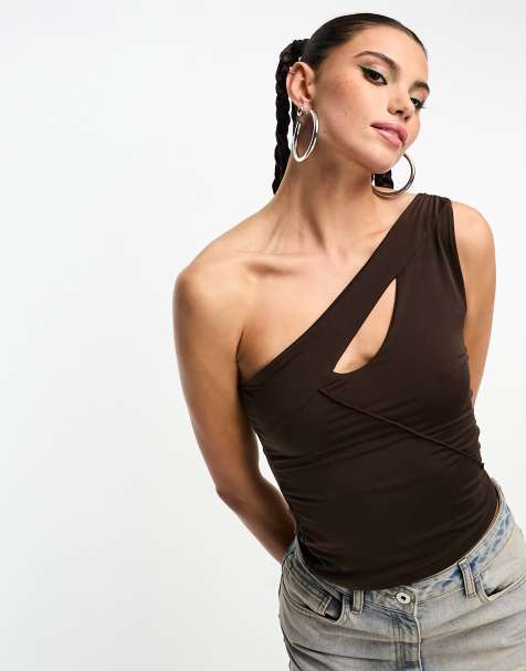 Motel asymmetric stretch slinky top in mocca brown - view 1