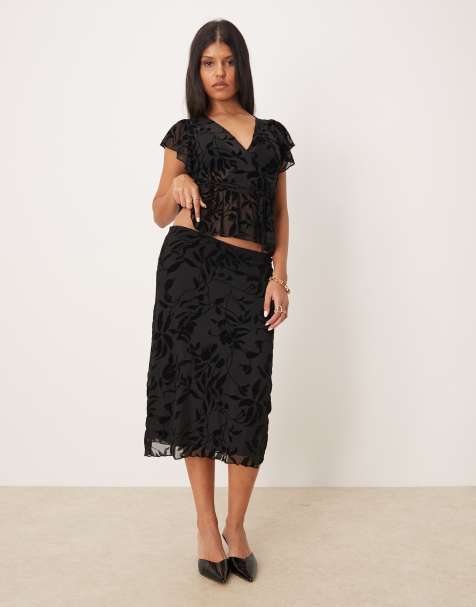 Motel atira low rise midi skirt in flocked black flower co-ord