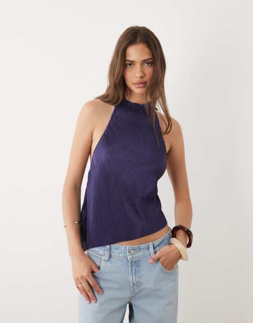 Motel Atsila high neck sleeveless plisse aysmetric top in navy, 2 of 4