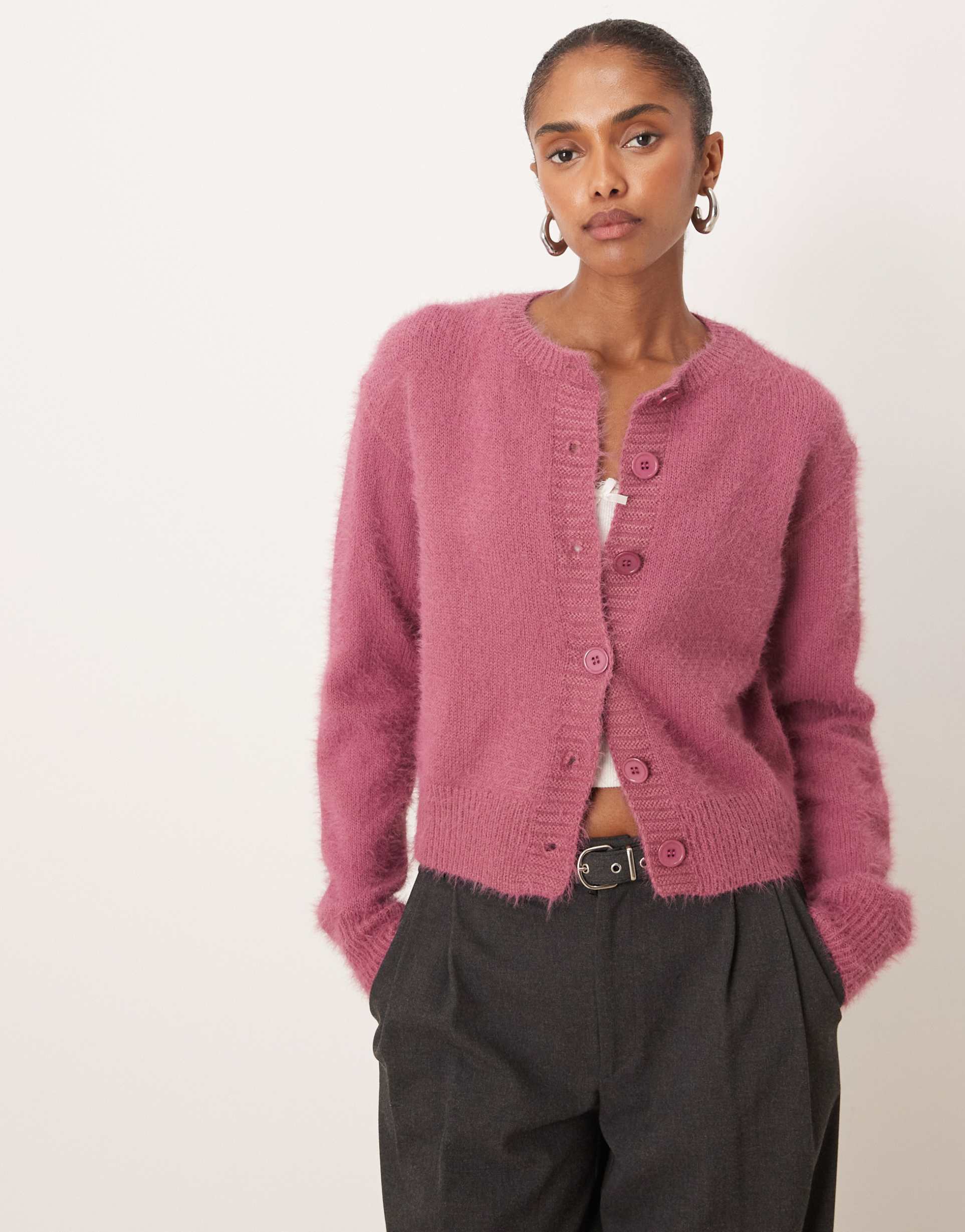 motel audrina fluffy knit cardigan in plum