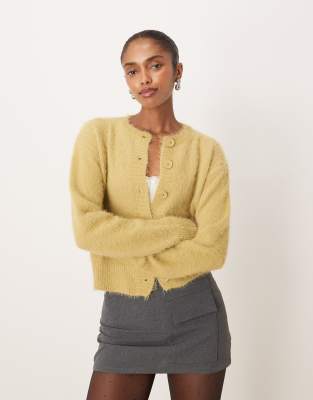 Motel Audrina Fluffy Knit Cardigan In Green