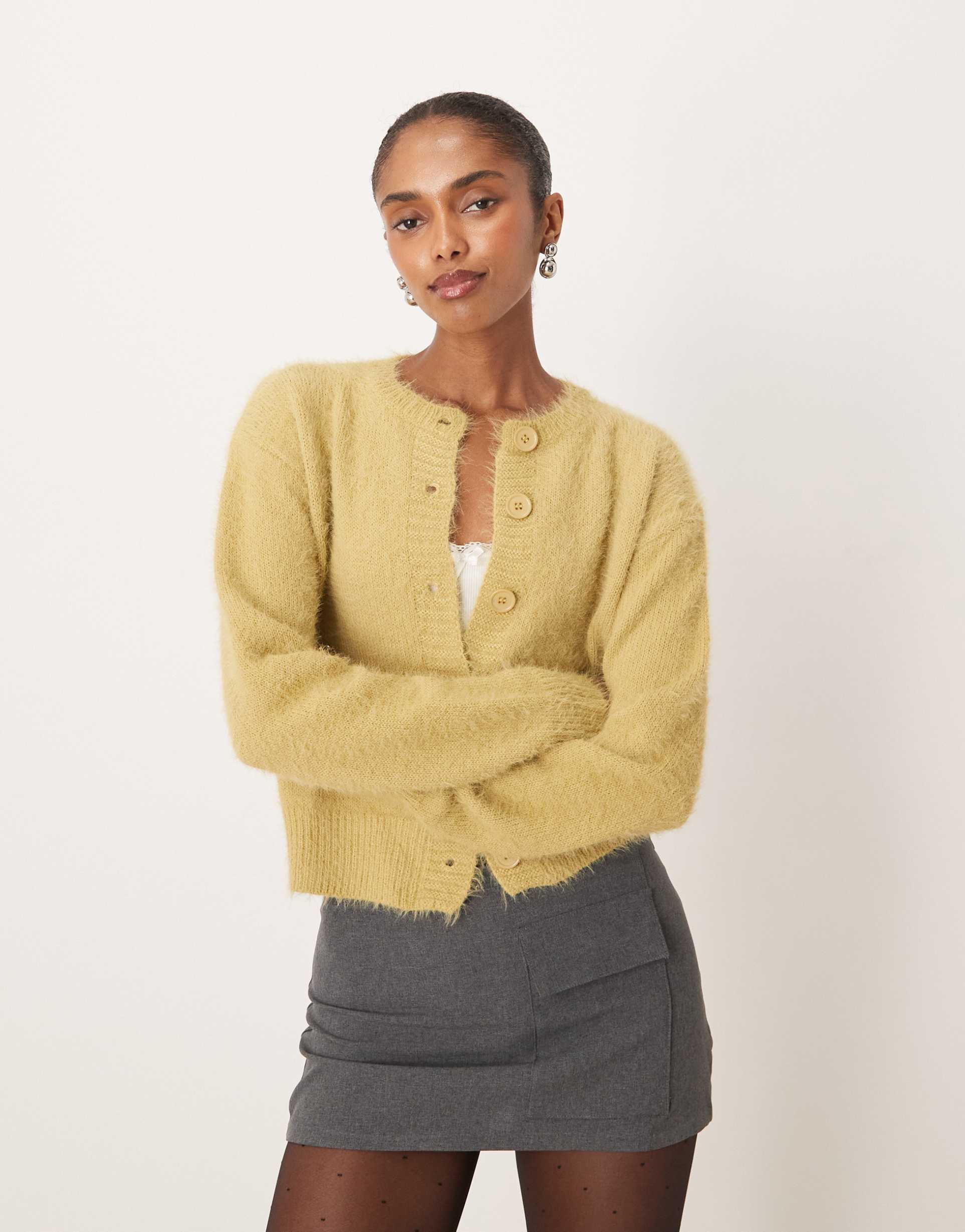 motel audrina fluffy knit cardigan in sage