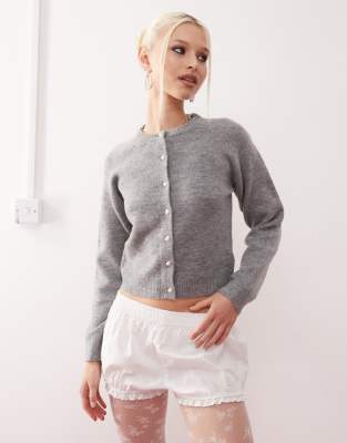 aura button through fluffy cardigan in dusty gray