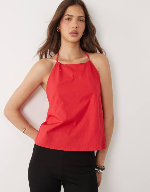 Motel Aure halterneck poplin top in red , 3 of 4