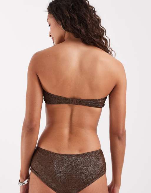 Motel Avi spiral bead high waist bikini bottoms in brown shimmer , 3 of 4