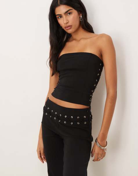 Motel Avira lace up tailored bandeau top co-ord in black