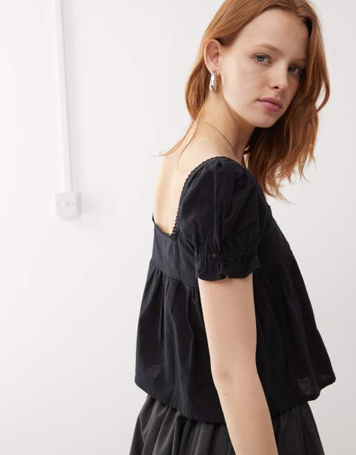Motel axoni square neck puff sleeve blouse in black