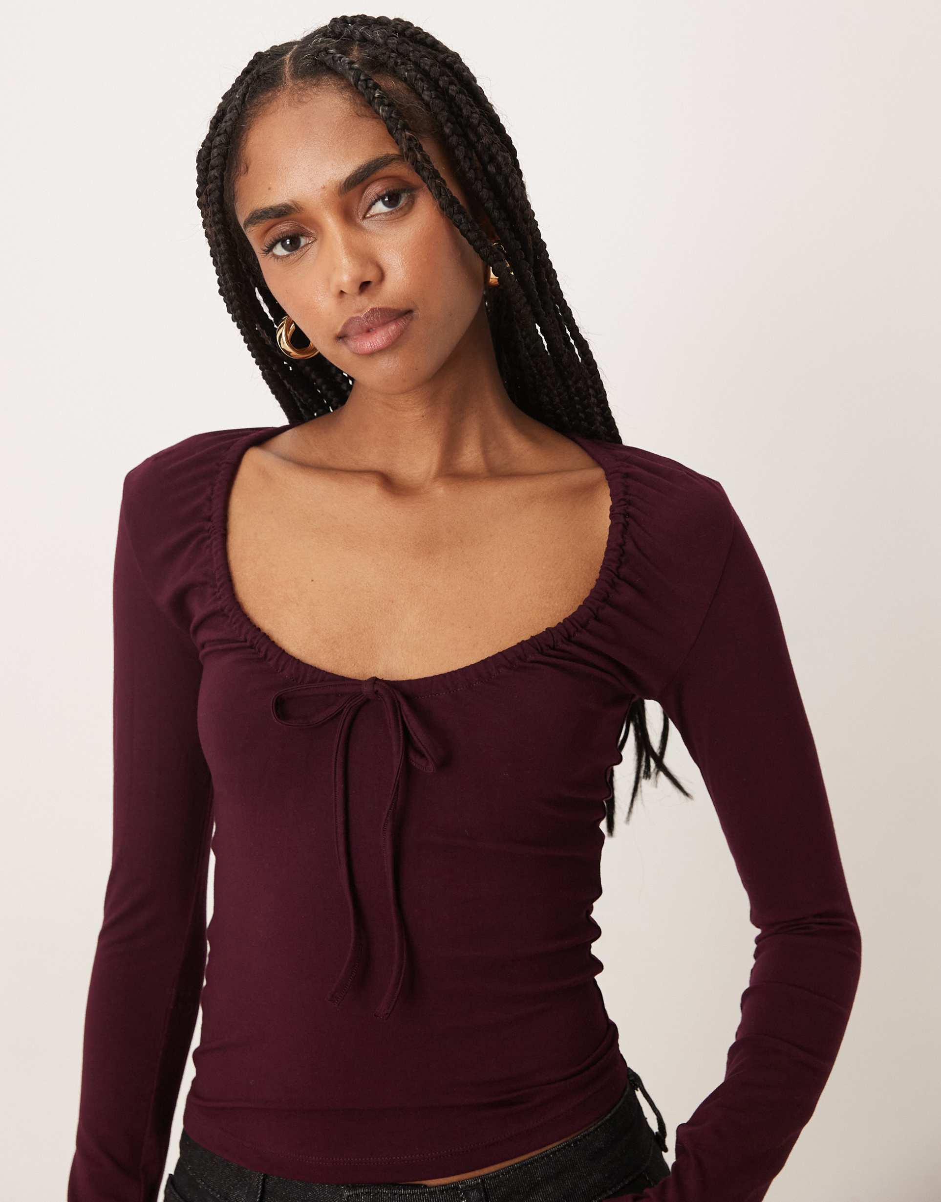 motel aye ruched plunge long sleeve top in redwood