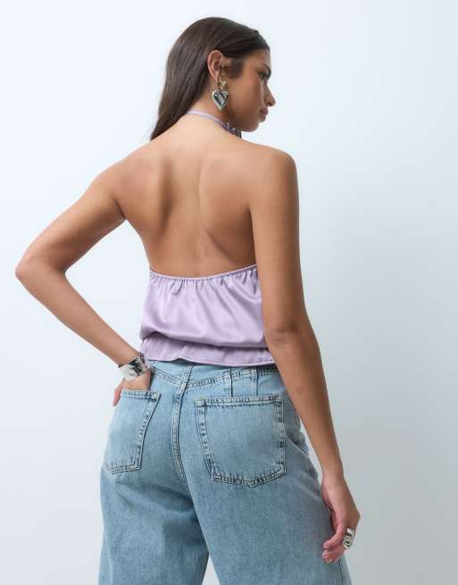 Motel aynar keyhole halter satin top in mauve , 4 of 5
