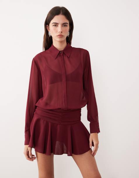 Motel Azphira long sleeve mesh romper in burgundy - view 1