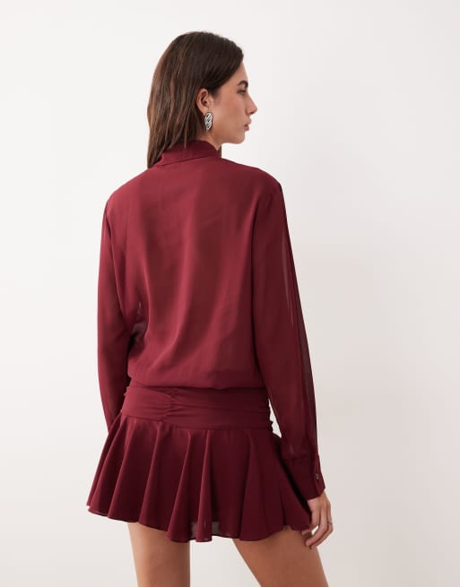 Motel – Azphira – Vinröd playsuit i mesh med långa ärmar, 2 av 4