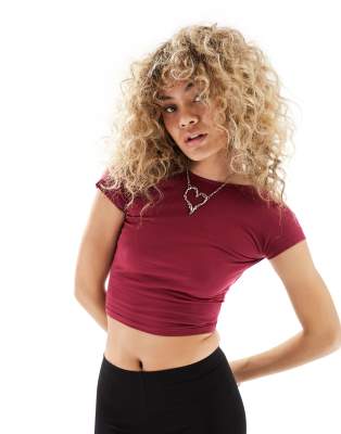 Motel backless short sleeve crop top in burgundy