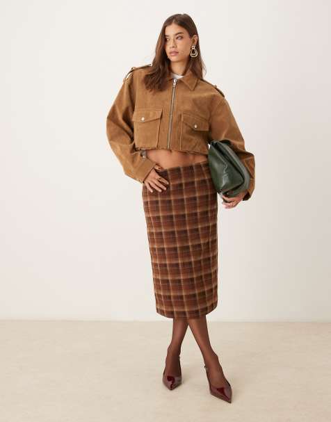 Motel Badra midi skirt in tartan brown