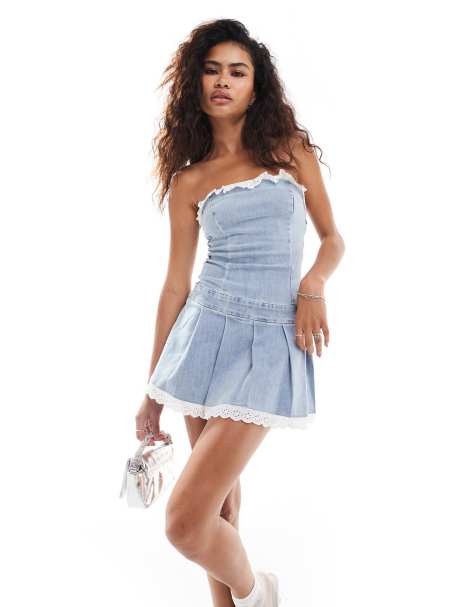 Motel bandeau exclusive pleated mini dress in mid wash blue - view 1
