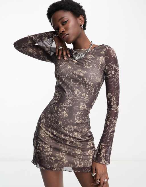 Motel - Batik - Vestito corto a maniche lunghe marrone scuro con stampa botanica