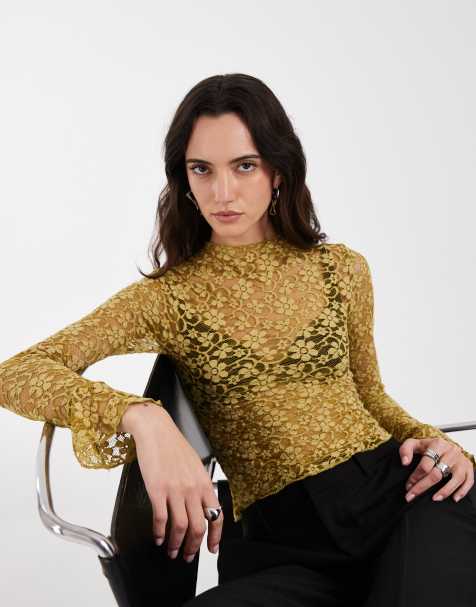 Motel Beerus long sleeve mock neck lace top in chartreuse - view 1