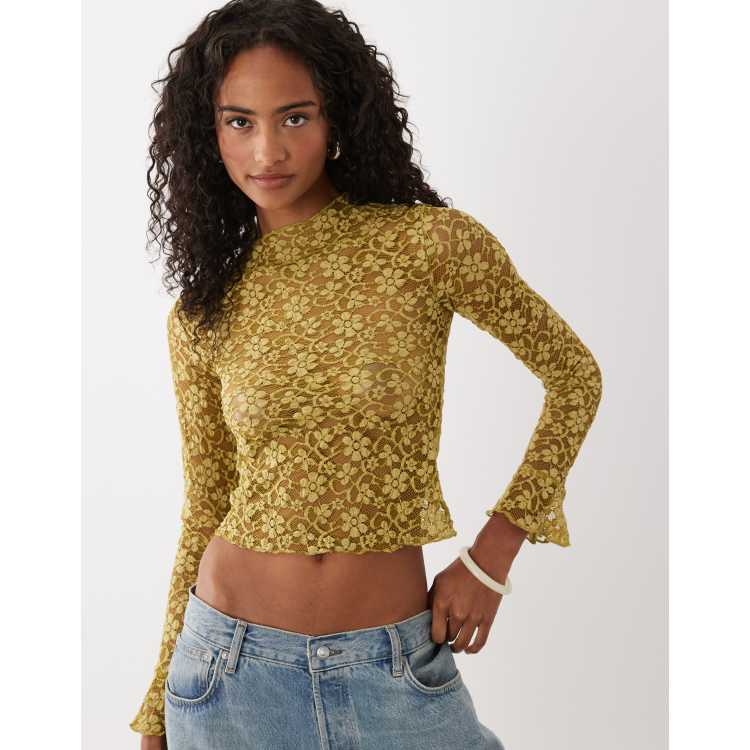 Motel Beerus long sleeve mock neck lace top in chartreuse | ASOS