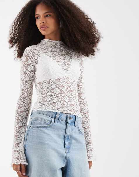 Motel Beerus long sleeve mock neck lace top in cream - view 1